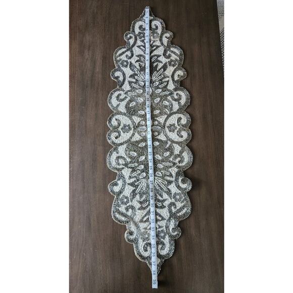 Pier 1 Imports Beaded Table Runner Silver White 39x12" Wedding Holiday Winter - Picture 3 of 5